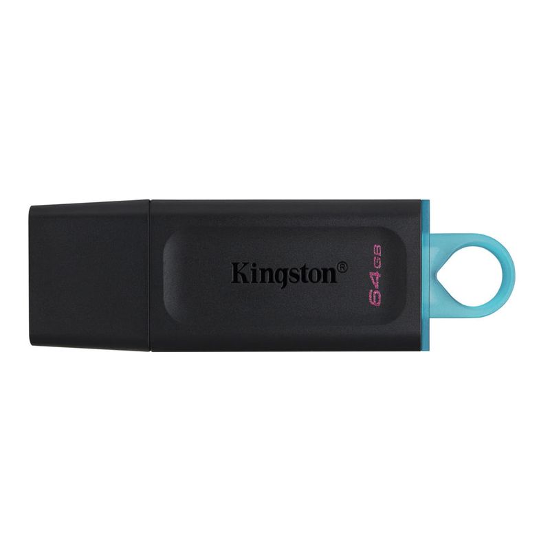 Memoria USB 3.2 Kingston DataTraveler Exodia de 64GB color negro con diseño compacto, capuchón protector y anillo de sujeción color celeste para transporte seguro vista cenital fondo blanco