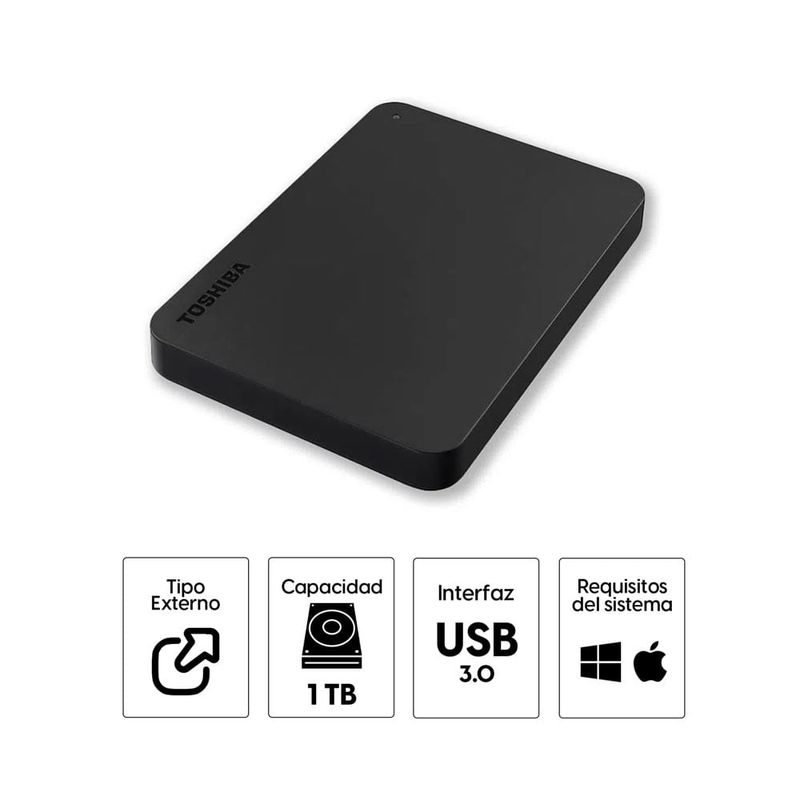 Disco duro externo Toshiba Canvio Basics de 1TB color negro con indicadores de capacidad, interfaz USB 3.0 y compatibilidad con sistemas Windows y macOS vista cenital en perspectiva fondo blanco