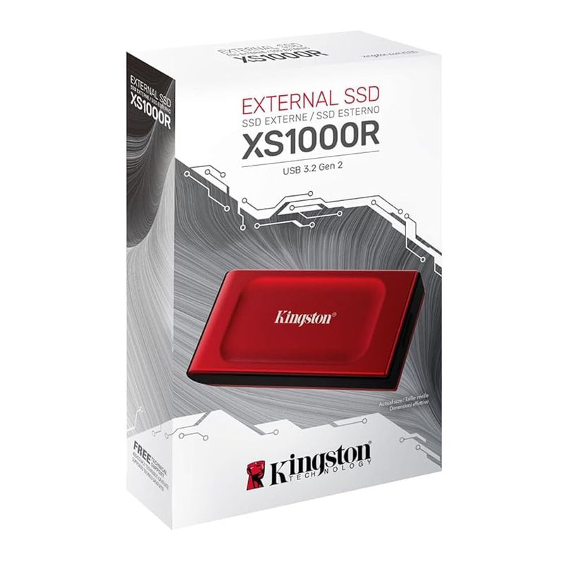 SSD externo Kingston XS1000 2TB Rojo Frontal junto a empaque original
