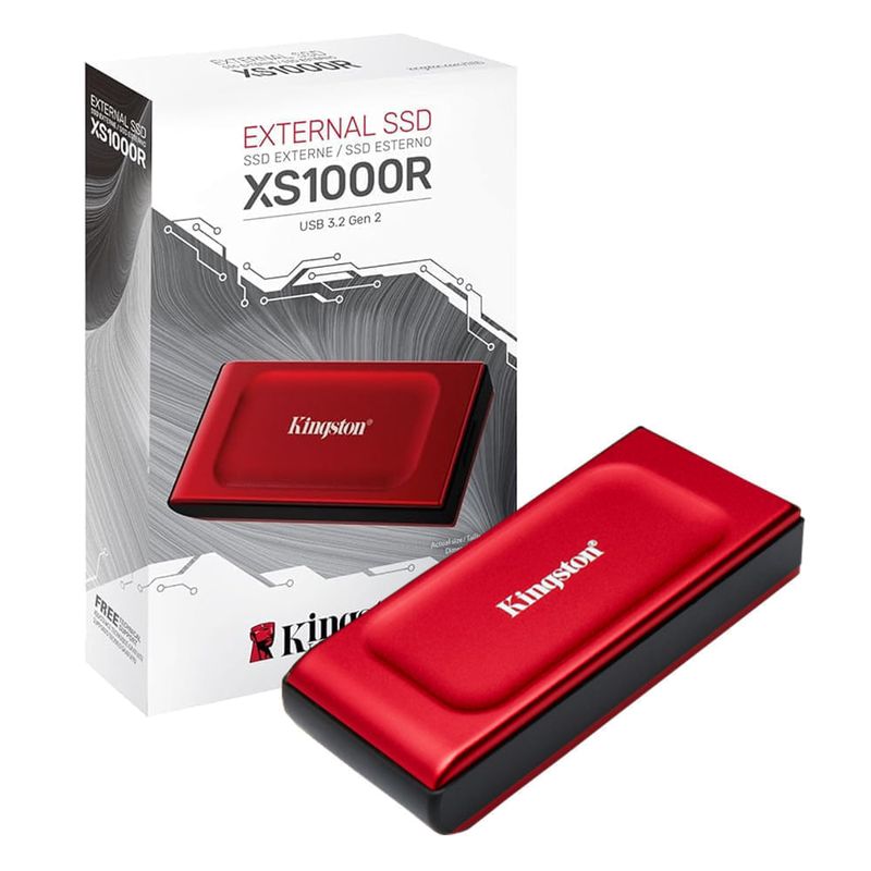 SSD externo Kingston XS1000 2TB Rojo Frontal-y-dorsal junto a empaque original