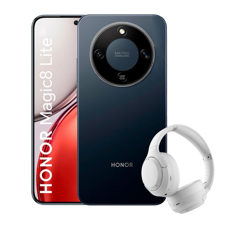 Celular Honor Magic 8 Lite 5G 512GB 8GB RAM negro medianoche vista frontal y trasera con audífonos Honor Pro