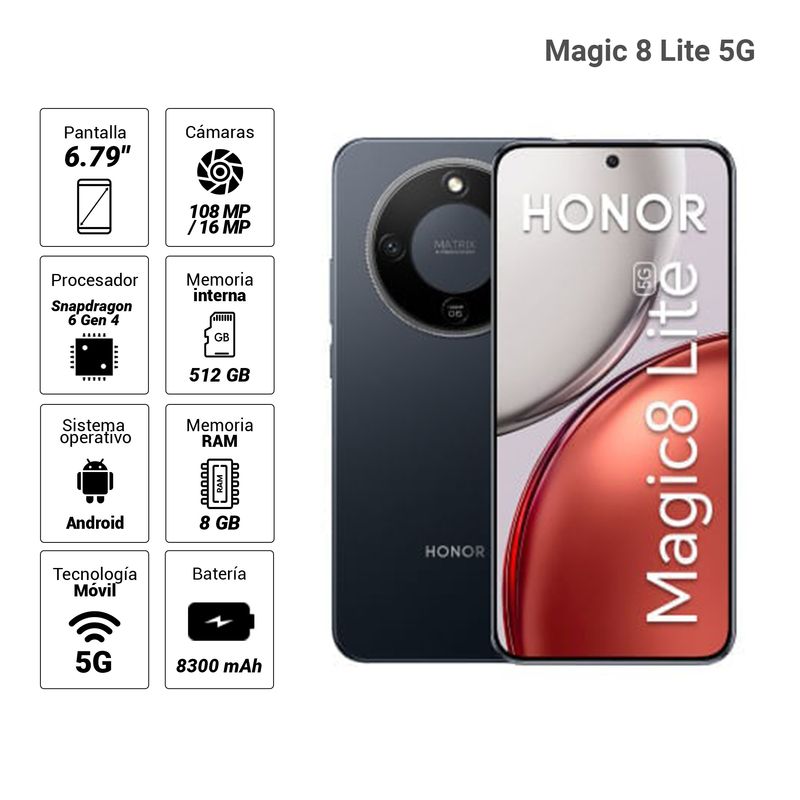 Celular Honor Magic 8 Lite 6.79 pulgadas negro medianoche vista frontal ficha técnica en pantalla