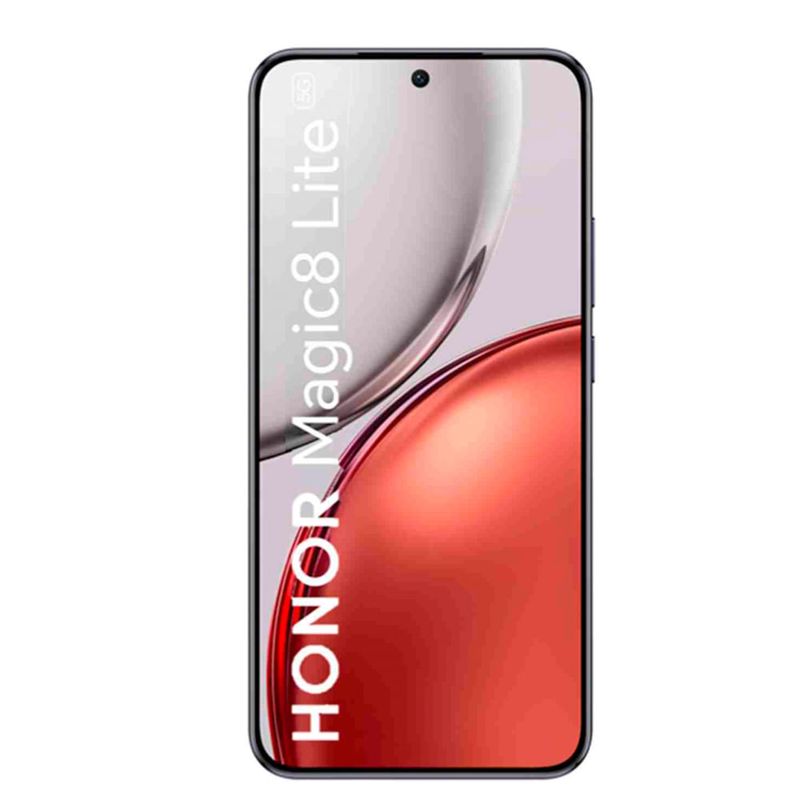 Celular Honor Magic 8 Lite 5G negro medianoche vista frontal pantalla encendida fondo rojo