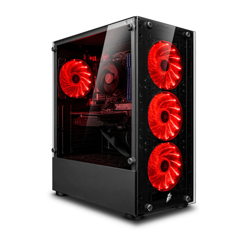 pc gamer draco red plus intel core i5 12400f 16gb ram 500gb monitor 24 curvo rtx5050 8gb rojo perspectiva frontal setup