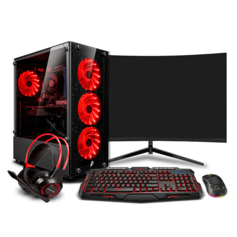 pc gamer draco red plus intel core i5 12400f 16gb ram 500gb monitor 24 curvo rtx5050 8gb rojo perspectiva frontal setup