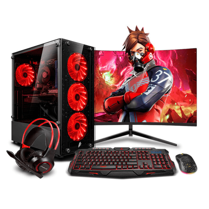 pc gamer draco red plus intel core i5 12400f 16gb ram 500gb monitor 24 curvo rtx5050 8gb rojo perspectiva frontal setup