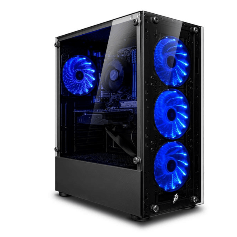 pc armada intel core i5 14400f 16gb ram 500gb ssd case de torre monitor 24 curvo teclado negro vista frontal gaming diario