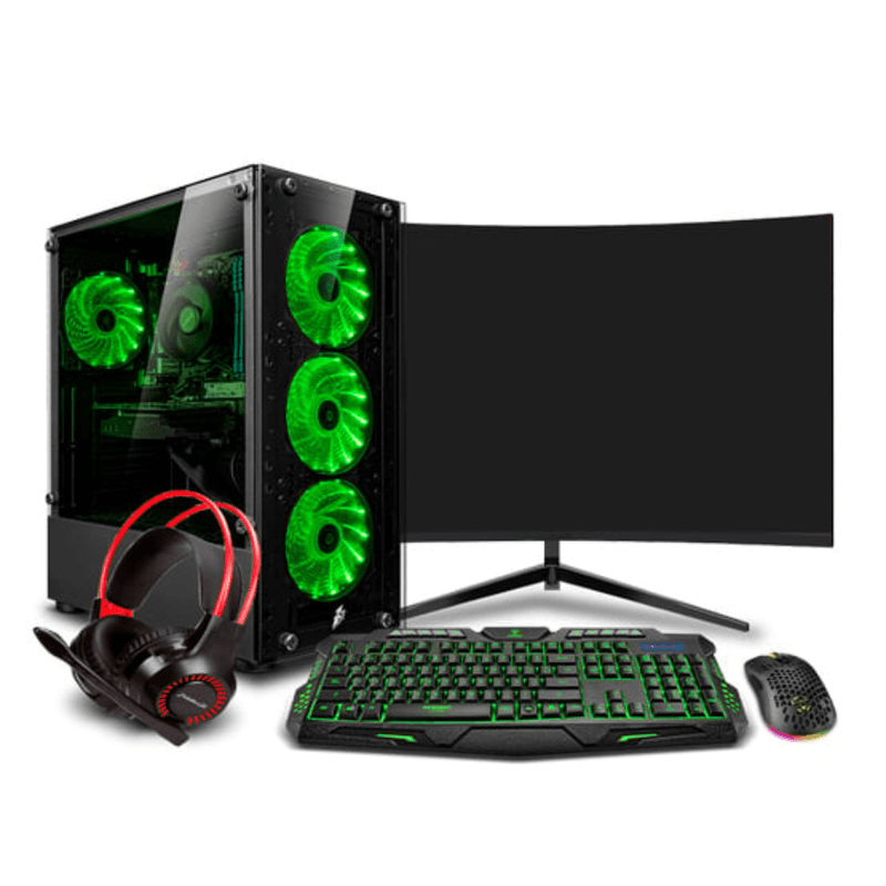 pc gamer draco green intel core i5 12400f 16gb ram 500gb ssd monitor 24" curvo negro frontal setup gamer