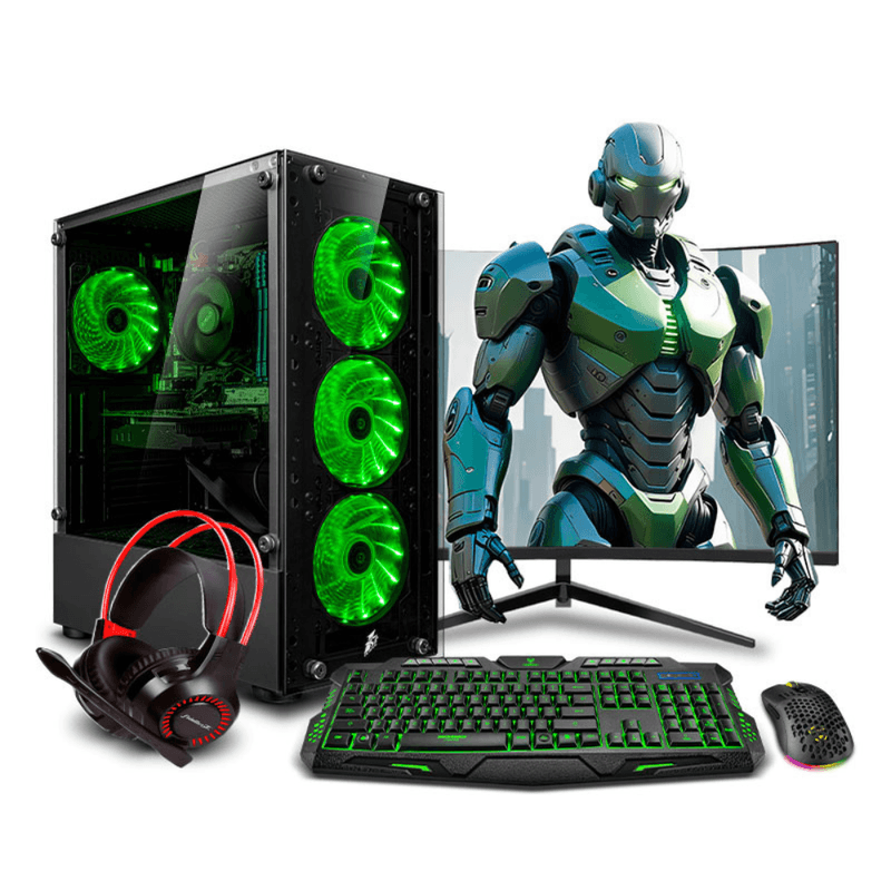 pc gamer haku green plus ryzen 7 8700g 16gb ram 500gb ssd monitor 24 verde vista frontal setup gamer