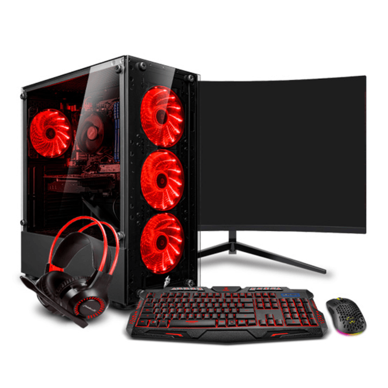 PC Gamer Haku Red Plus Ryzen 5 8600G 16GB RAM 500GB SSD monitor 24 curvo teclado FreeDOS vista frontal escritorio