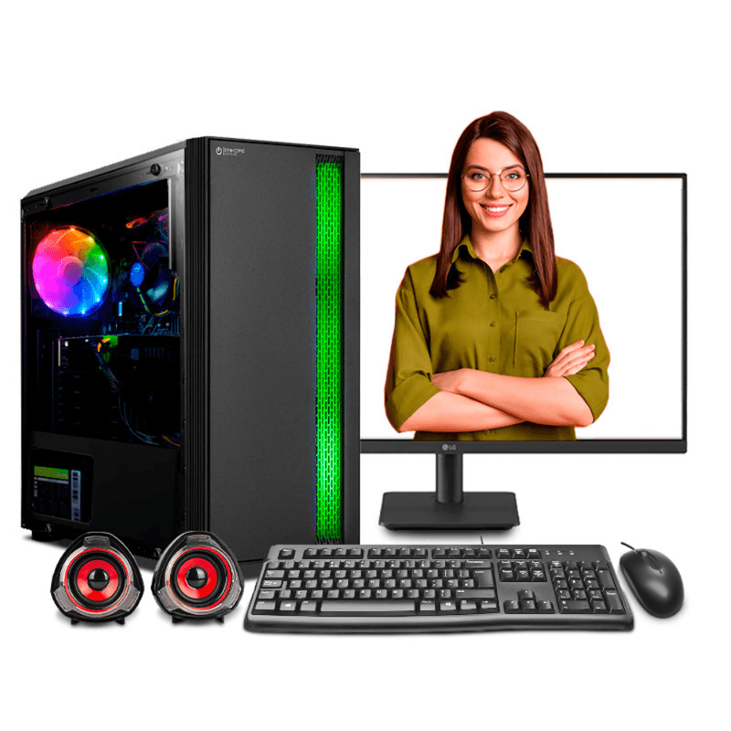 PC armada Intel Core i7 12700 almacenamiento SSD 1TB RAM 16GB case de torre monitor 24 IPS perspectiva frontal oficina y escritorio profesional