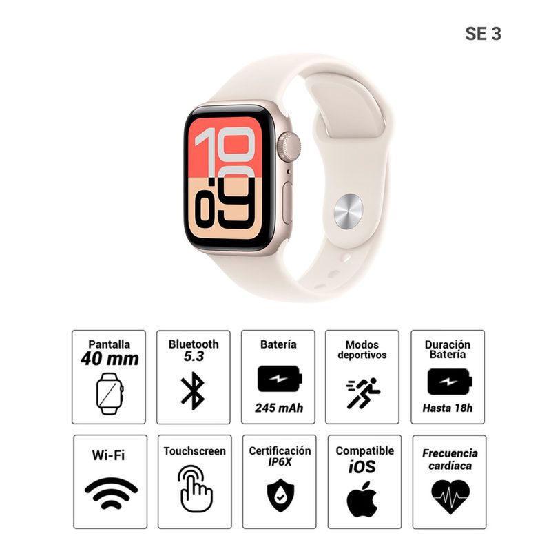 Smartwatch Apple Watch Serie SE 3, pantalla 40MM/OLED, blanco, especificaciones