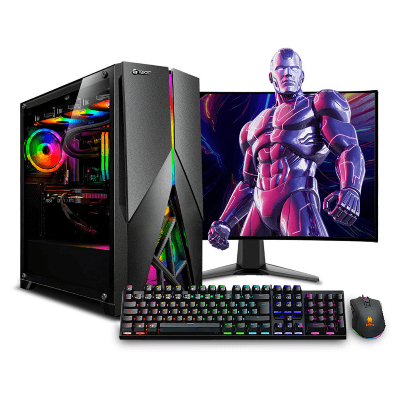 pc gamer storm ryzen 7 7800x3d 32gb ram 1tb ssd rtx5060ti 16gb monitor 27 pulgadas teclado negro frente setup gaming