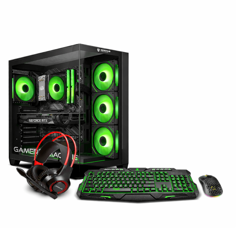 PC Gamer Draco Green Plus Intel Core i7 12700F 16GB RAM 500GB RTX5060TI 16GB monitor 24" curvo negro frontal setup gamer