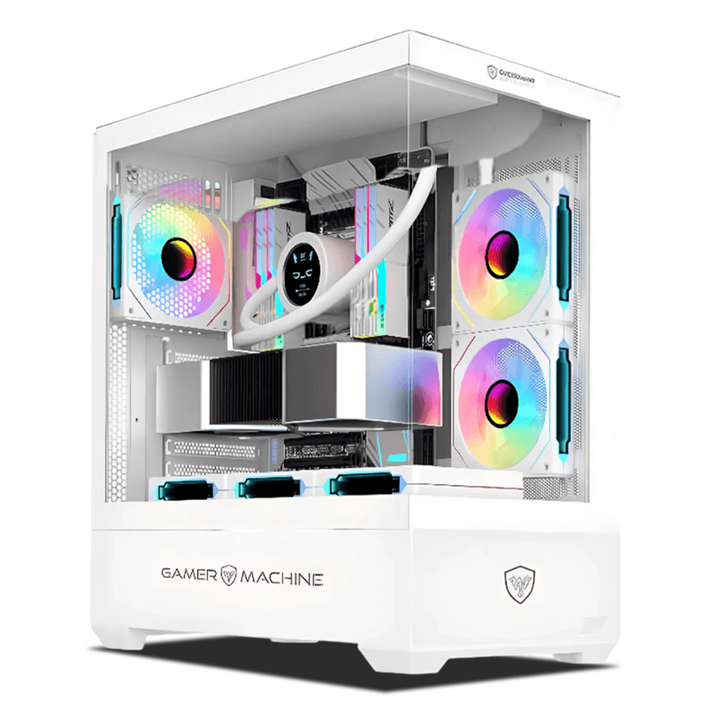 pc gamer Draco White RGB intel core i7 12700f 32GB RAM 500GB SSD monitor 24" curvo RTX5060TI 16GB blanco vista frontal setup gamer