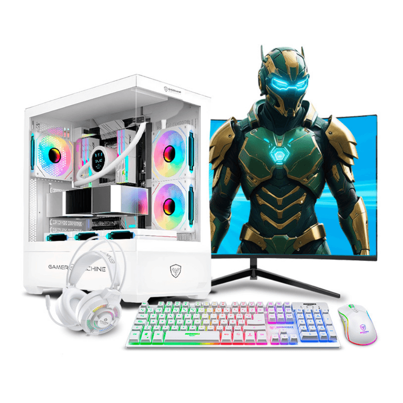 pc gamer Draco White RGB intel core i7 12700f 32GB RAM 500GB SSD monitor 24" curvo RTX5060TI 16GB blanco vista frontal setup gamer