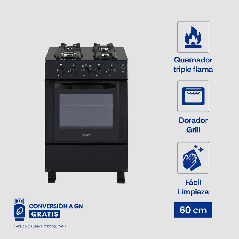 Cocina de pie Sole Glissa 4 hornillas negro Especificaciones