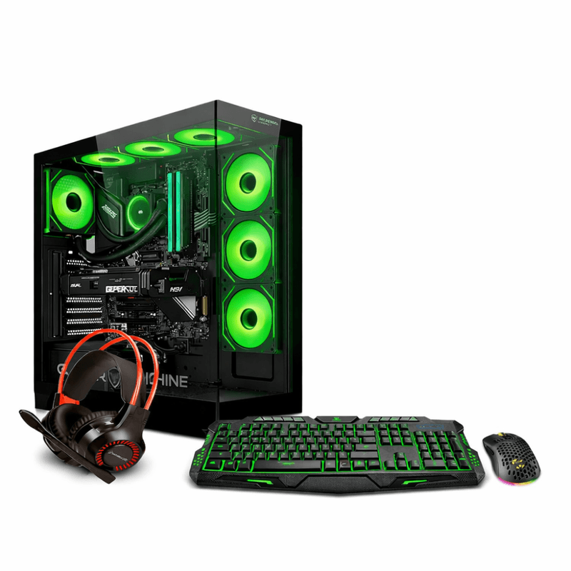pc gamer ryzen 7 7700x green 16gb ram 500gb ssd monitor 24" rtx5050 vista frontal setup gaming