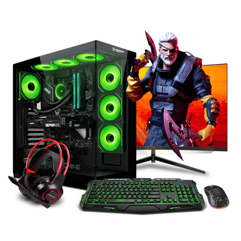 pc gamer ryzen 7 7700x green 16gb ram 500gb ssd monitor 24" rtx5050 vista frontal setup gaming