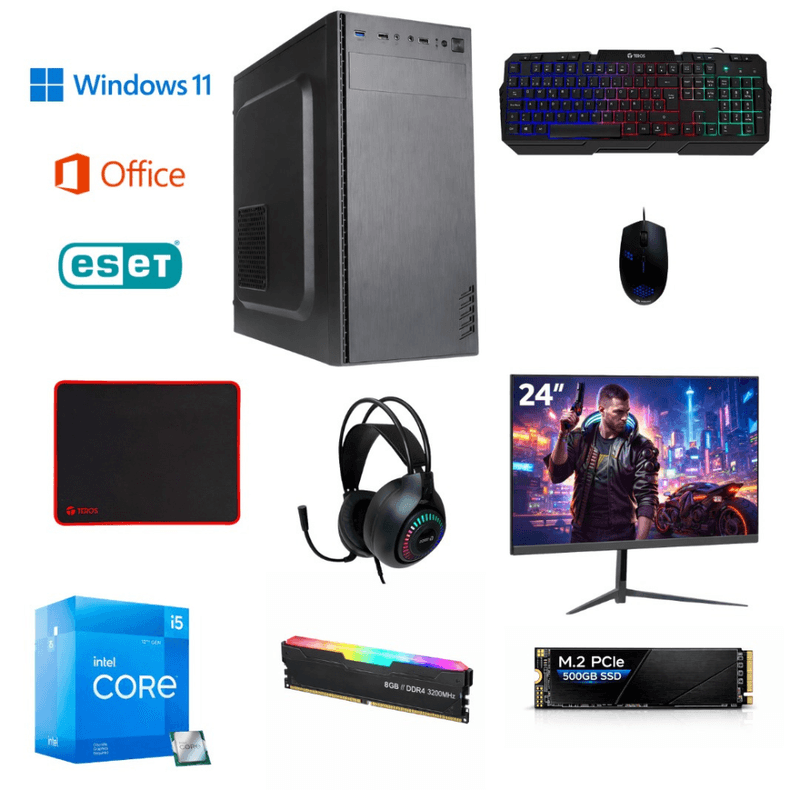 pc armada intel core i3 12100 8gb ram 500gb ssd windows 11 home monitor 24" + teclado vista frontal uso diario oficina estudio