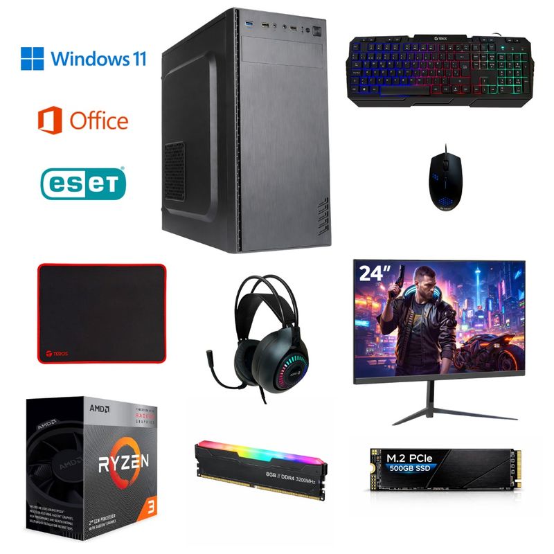 pc amd ryzen 3 3200g 500gb ssd 8gb ram windows 11 home negro vista frontal uso diario oficina estudio