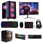 pc gamer amd ryzen 7 5700g 16gb ram 1tb ssd case 500w monitor 27" teclado negro vista frontal setup gaming