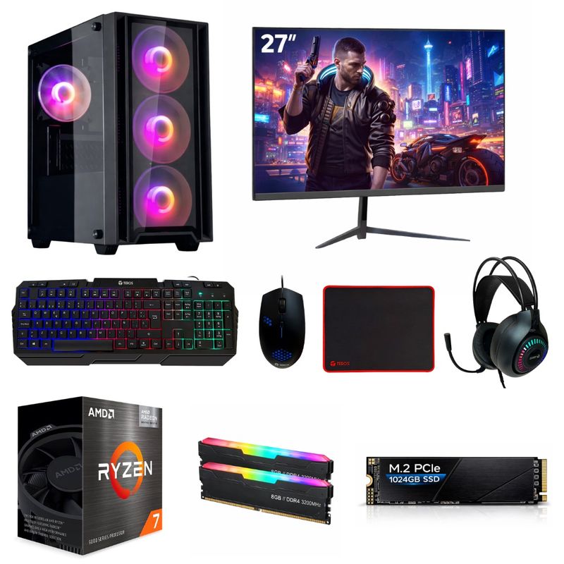 pc gamer amd ryzen 7 5700g 16gb ram 1tb ssd case 500w monitor 27" teclado negro vista frontal setup gaming