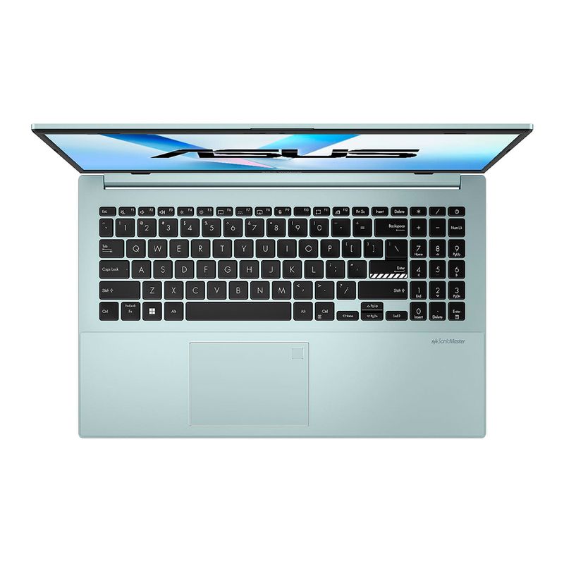 Laptop Asus Vivobook Go 15.6" gris con procesador AMD Ryzen 5 7520U, 16GB RAM y 512GB SSD detalle de teclado y panel táctil superior fondo blanco