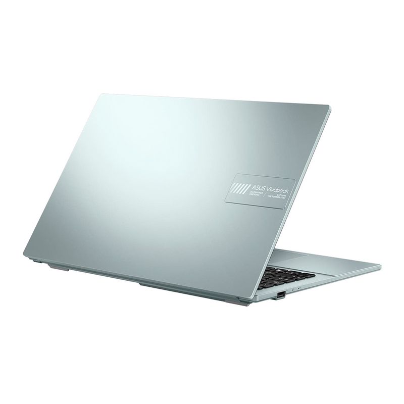 Laptop Asus Vivobook Go 15.6" gris con procesador AMD Ryzen 5 7520U, 16GB RAM y 512GB SSD posterior oblicua fondo blanco