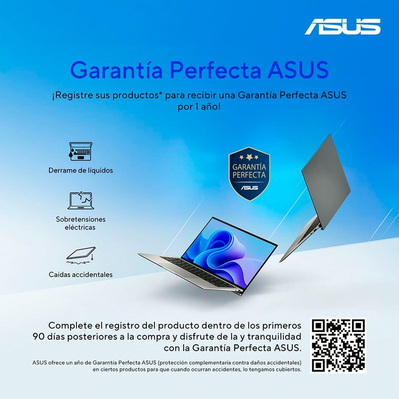 Laptop Asus Vivobook Go 15.6" gris con procesador AMD Ryzen 5 7520U, 16GB RAM y 512GB SSD banner informativo sobre Garantía Perfecta ASUS con código QR fondo azul y blanco
