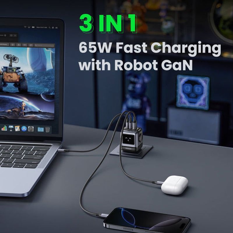 Cargador Ugreen Robot 65W triple puerto USB