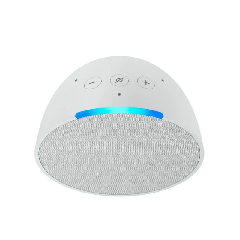 altavoz inteligente amazon echo pop generación 1 negro ángulo frontal sobre mesa sala
