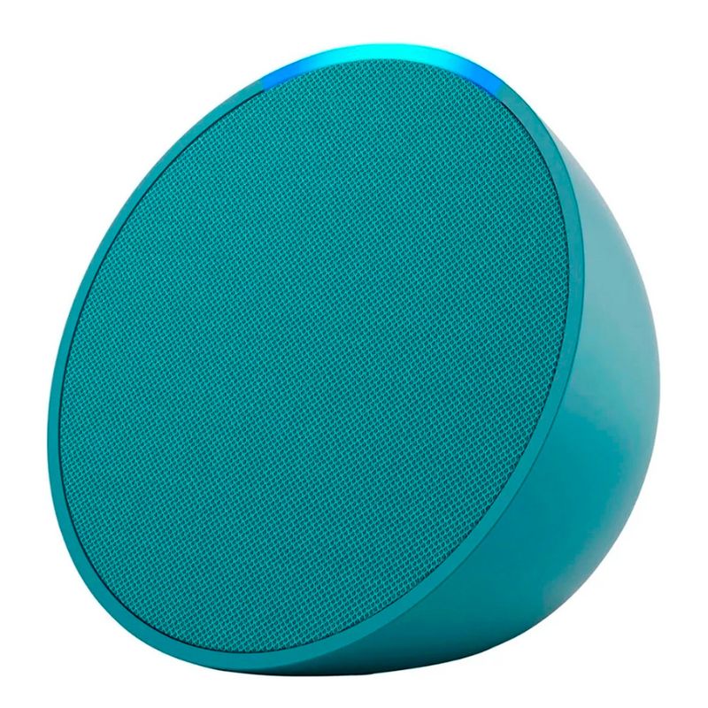 parlante inteligente Amazon Echo Pop control de voz Alexa turquesa vista frontal en escritorio