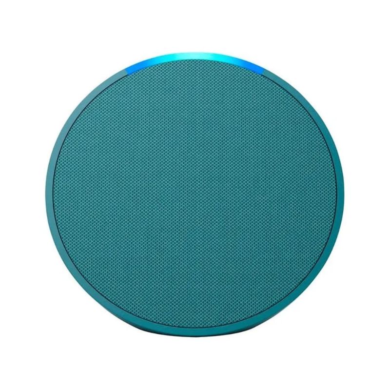 parlante inteligente Amazon Echo Pop control de voz Alexa turquesa vista frontal en escritorio