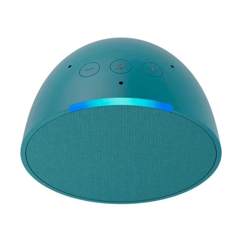 parlante inteligente Amazon Echo Pop control de voz Alexa turquesa vista frontal en escritorio