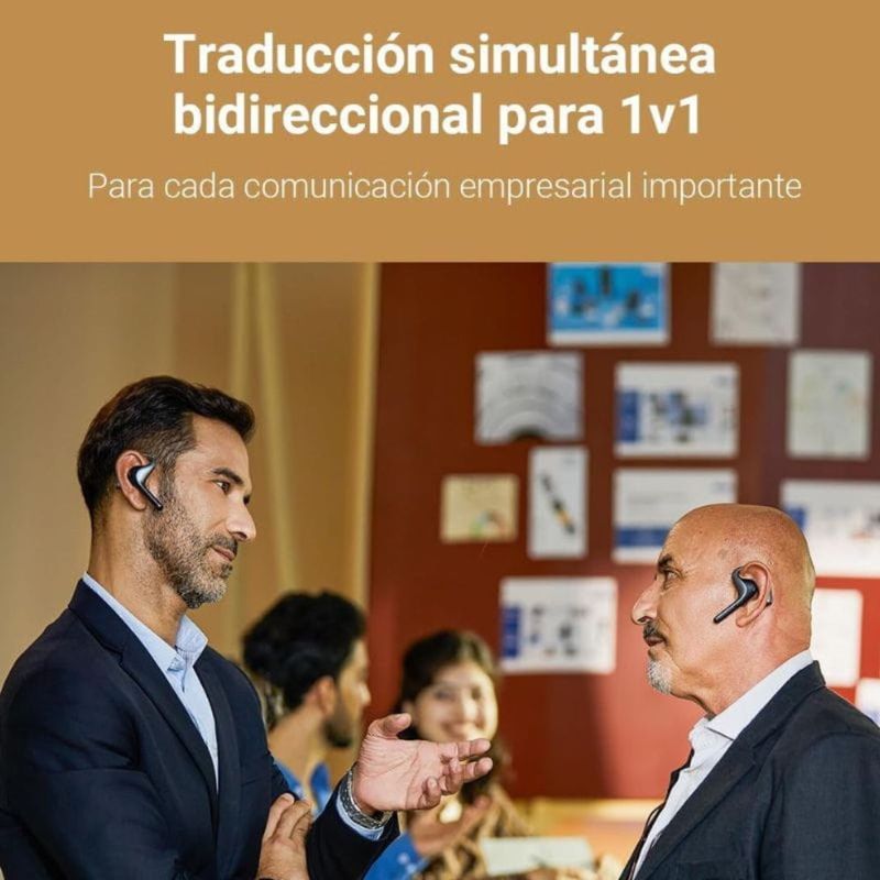 Auriculares intérpretes Timekettle W4 Pro traducción simultánea open ear vista frontal en uso profesional
