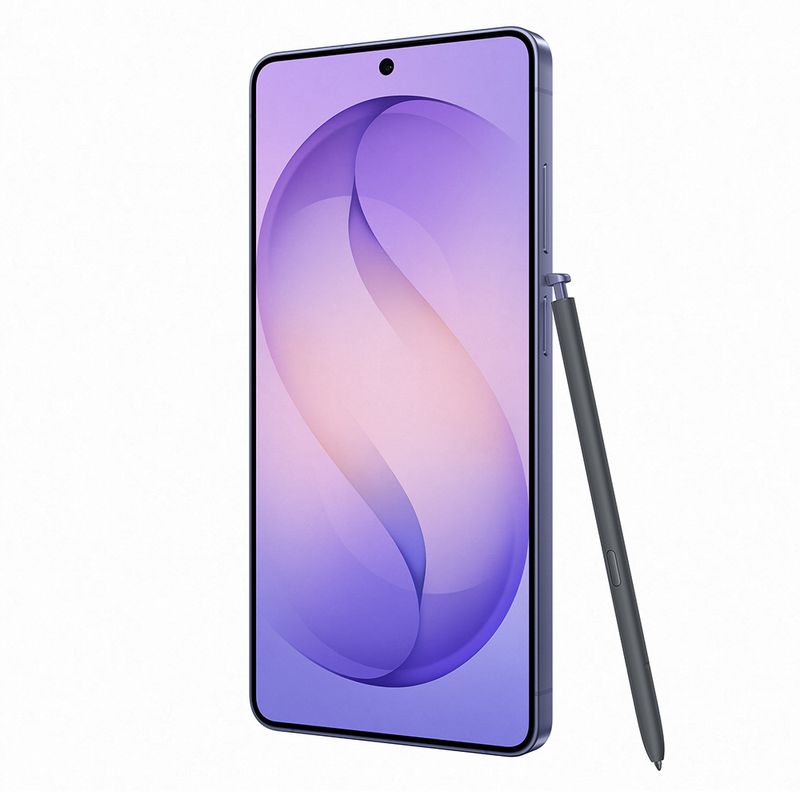 Celular Samsung Galaxy S26 Ultra violeta cobalto vista frontal con S Pen lateral
