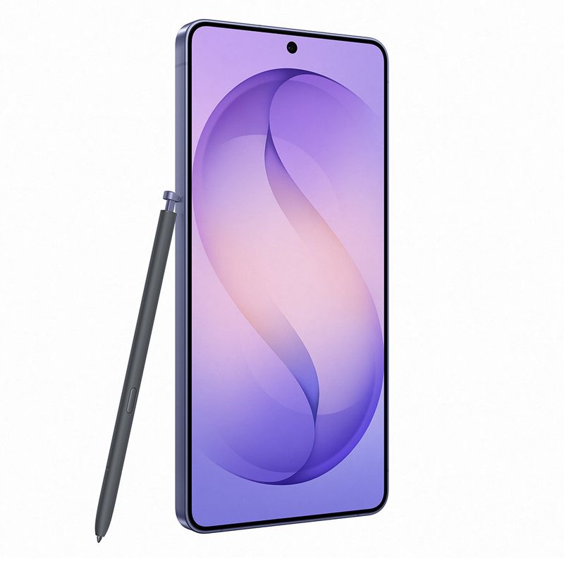 Celular Samsung Galaxy S26 Ultra violeta cobalto vista frontal ángulo 45 grados pantalla encendida