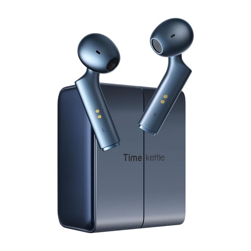 Audífonos Bluetooth Timekettle W4 Traductor con estuche azul vista frontal oblicua