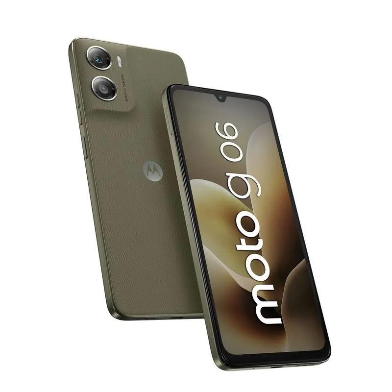 Celular Motorola G06 cámara 50MP café vista frontal en uso cotidiano