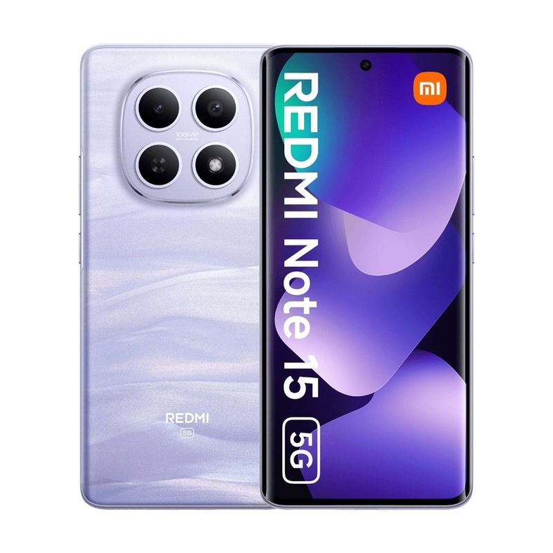 Celular Xiaomi Redmi Note 15 cámara 108MP morado vista frontal en uso cotidiano