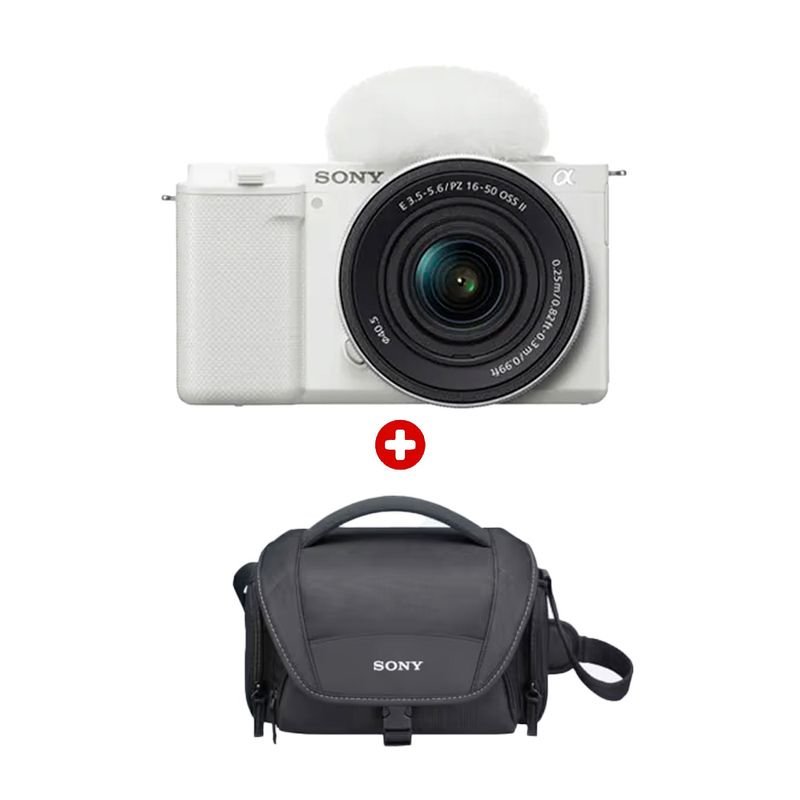 Combo Sony cámara ZV-E10K APS-C con lente SELP16502 y funda LCS-U21 vista frontal para vlogging