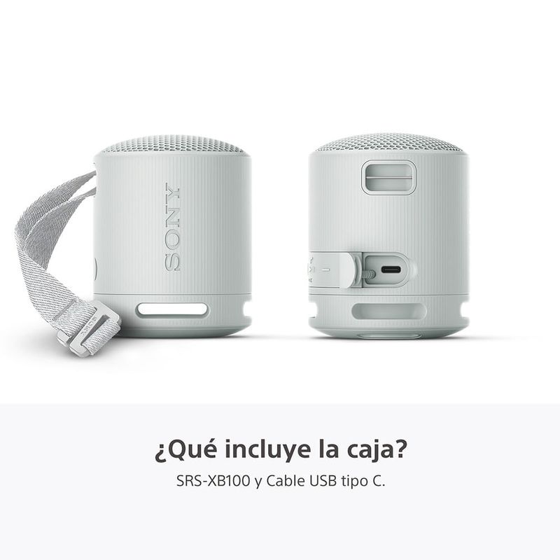 Parlante Sony SRS-XB100 sonido potente portátil resistente al agua blanco vista frontal en uso exterior