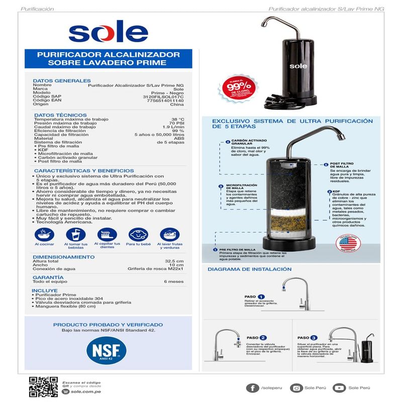 Combo refri SBS 525L negro + purificador Prime
