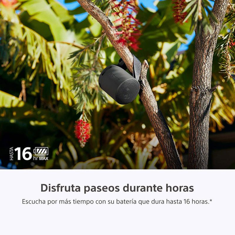 Parlante Sony SRS-XB100 sonido potente portátil resistente al agua negro vista frontal en uso exterior