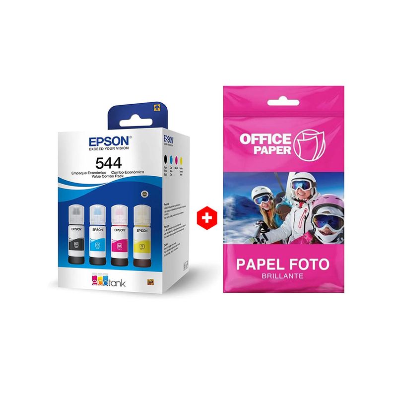 Combo tintas Epson T544 + papel fotográfico A4 frontal empaque tintas