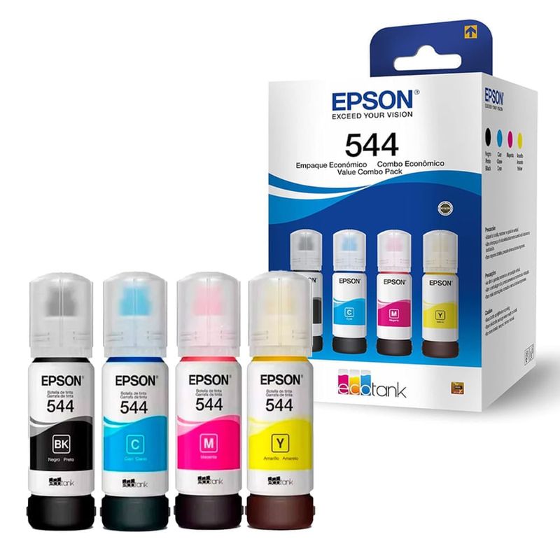 Combo tintas Epson T544 + papel fotográfico A4 diagonal empaque tintas