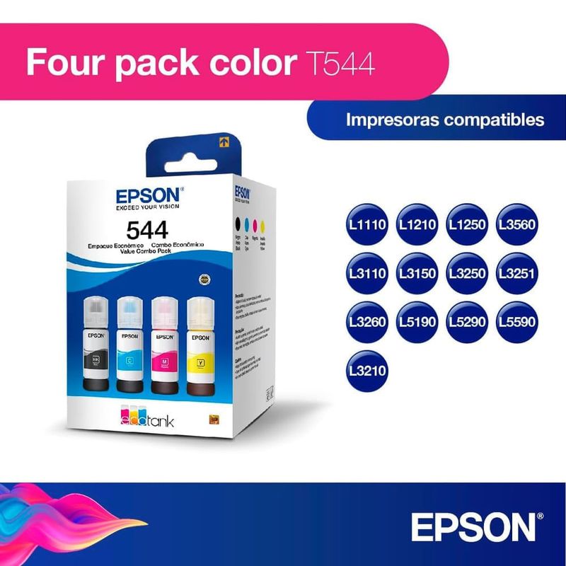 Combo tintas Epson T544 + papel fotográfico A4 especificaciones