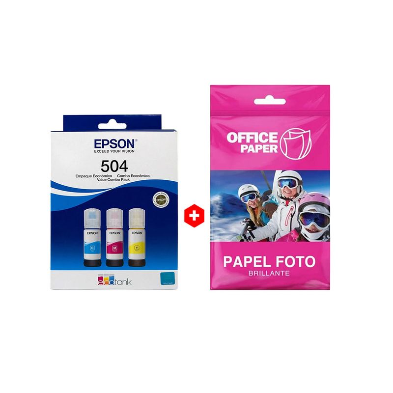 Combo 3 tintas Epson T504 CMY + Papel fotográfico A4 frontal paquetes tinta papel fotográfico