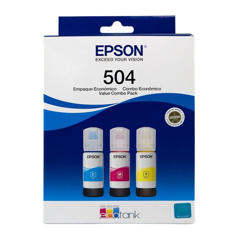 Combo 3 tintas Epson T504 CMY + Papel fotográfico A4 frontal tintas empaques